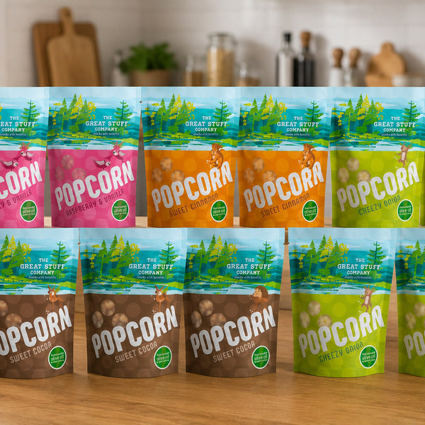 Popcorn Box - Mixed flavours - Cocoa, Raspberry, Cinnamon, Chive & Onion - 10 pouches
