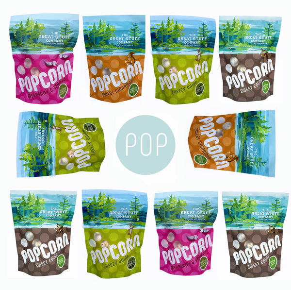 Popcorn Box - Mixed flavours - Cocoa, Raspberry, Cinnamon, Chive & Onion - 10 pouches